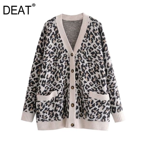 

[deat] women spring autumn fashion single-breastedleopard long sleeve v-neck knitting cardigan sweater 13c317 210527, White