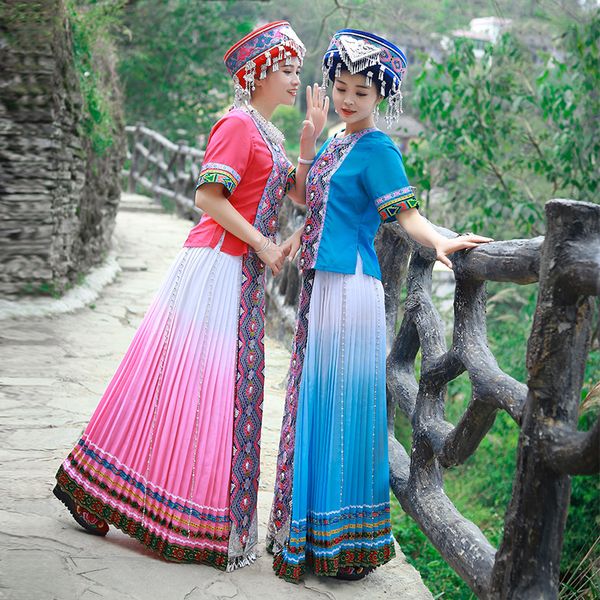 

miao folk dance festival stage wear classical elegant women apparel traditional ethnic costume vintage hmong embroidered gown, Black;red