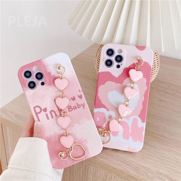 

cell phone pouches cute pink love heart bracelet case for 12 mini 11 pro max x xs xr se 2021 7 8 plus fashion wrist straps cases