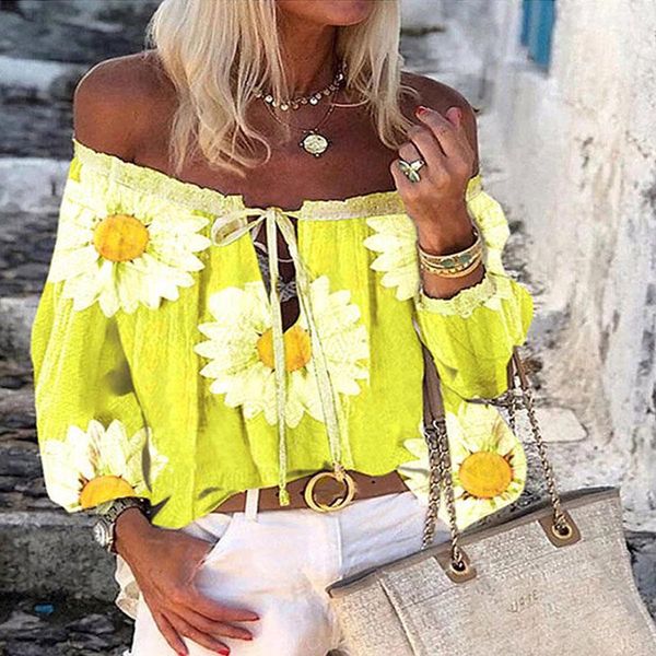 

women candy color big flower shirt elegant floral print off shoulder lace-up tees blouse long sleeve shirts women's blouses &, White