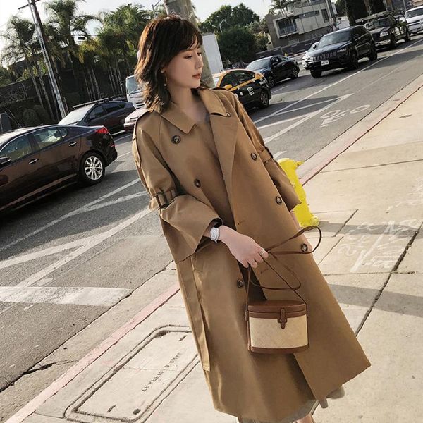 

women's trench coats 2021 autumn women slim bell sleeve windbreaker female double breasted jacket ladies leisure coat girls elegant out, Tan;black