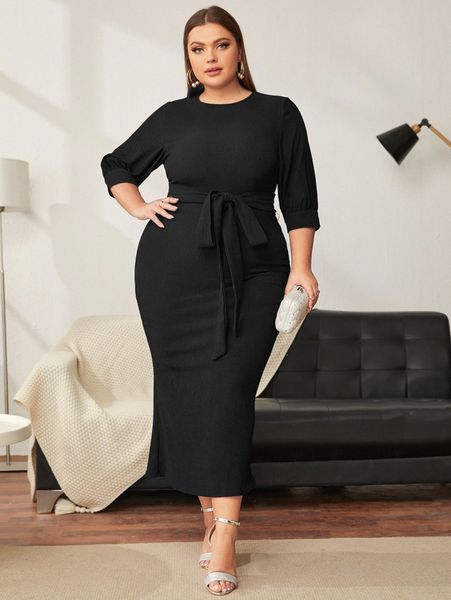 

plus solid zip back belted dress x85b#, Black