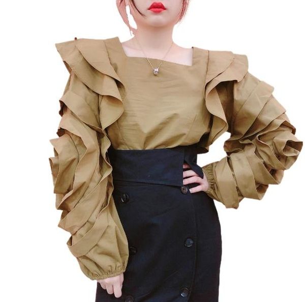 

women's blouses & shirts heavy industry three-dimensional flower ruffled shirt 2021 spring loose solid color square collar pullover zip, White