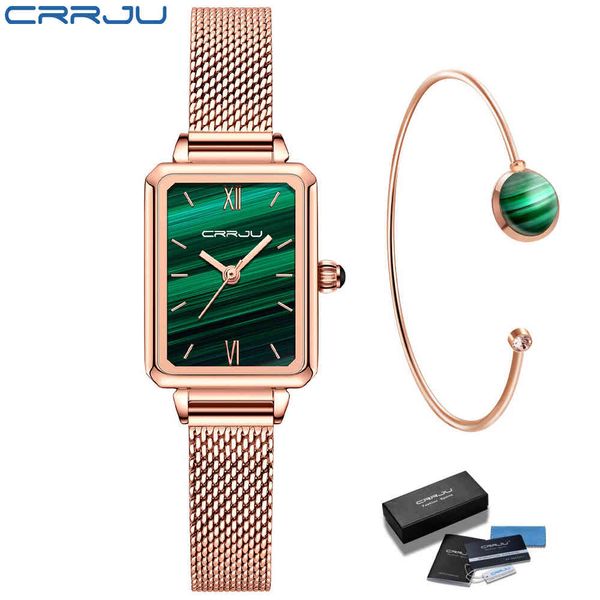 Mulheres Green Relógios CRRJU Moda Casual Senhoras Diário Diário Malha Relógio de Pulso Minimalista Impermeável Quartzo Reloj Mujer 210517