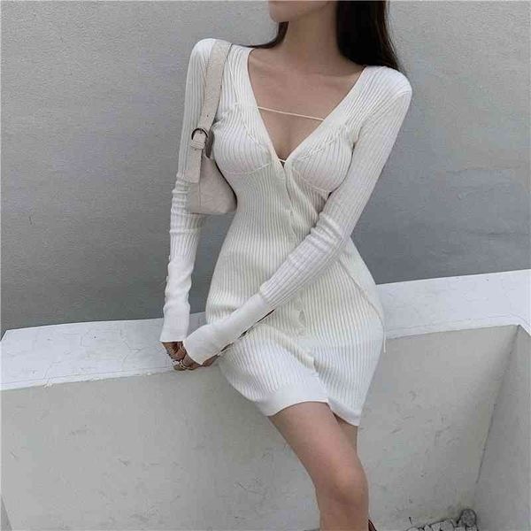 Abito a maniche lunghe a coste lavorato a maglia coreano sexy mini bianco autunno vestito aderente con scollo a V viola maglione signore vestito nuovo 201025