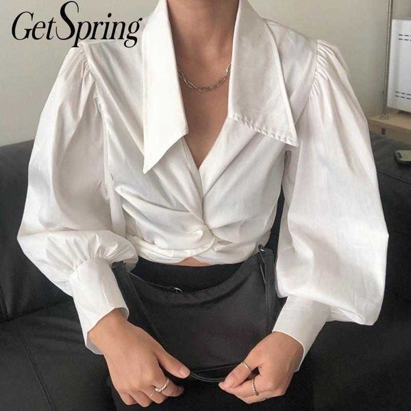 

getspring women blouse shirt lantern sleeve irregular black white women's summer blouses asymmetry long female 210601