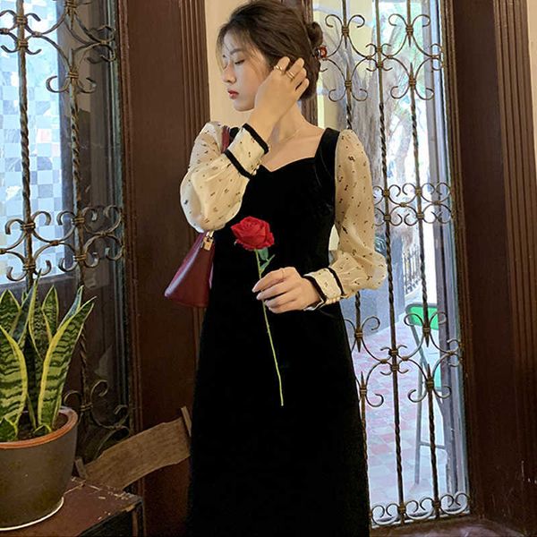 

elegant velvet long sleeve korean dress black v-neck women musical print split winter lady party 210604, Black;gray