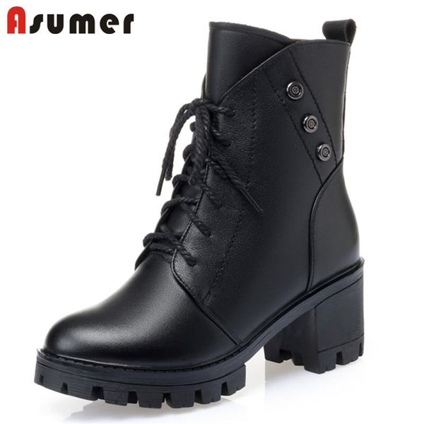 

boots asumer 2022 winter genuine leather shoes women ankle classic zip lace up high heels platform wool snow, Black