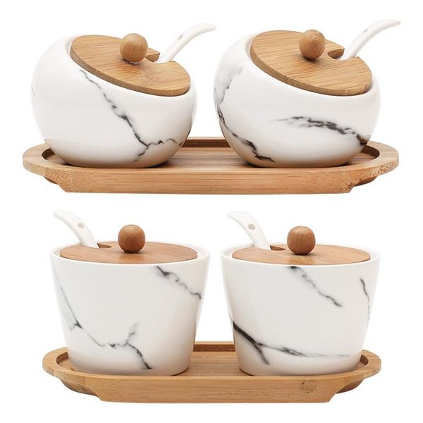 

storage bottles & jars japanese creative marbled ceramic seasoning jar set kitchen box wooden tray wood cover oil salt can bottle c