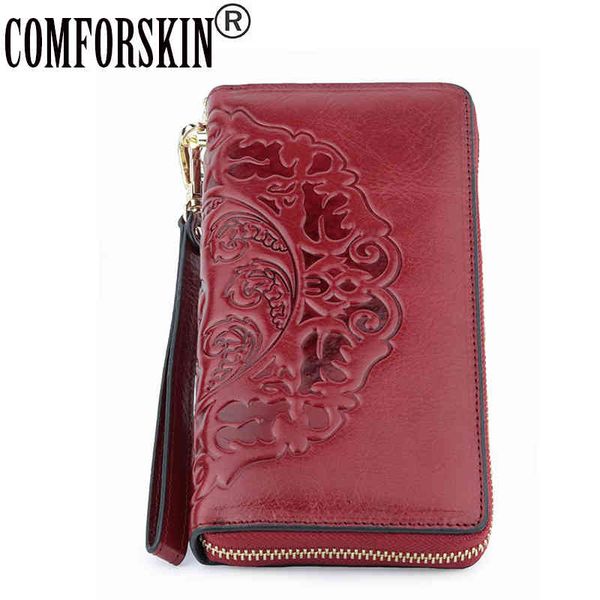 

classic wallets comforskin long vintage tassel ladies premium genuine leather unique embossing floral women zipper purses with hand rope, Red;black