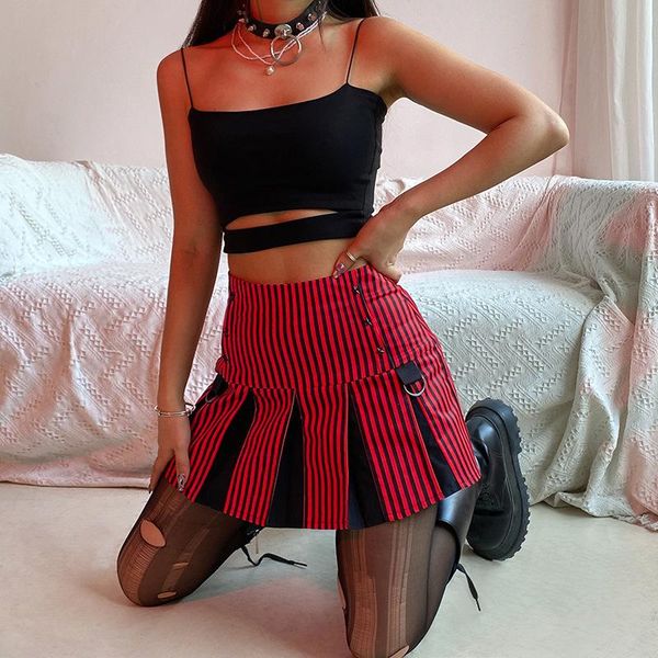

skirts mini goth e-girls womens dark academia bottom vintage 90s rivet aesthetic red pleated summer, Black