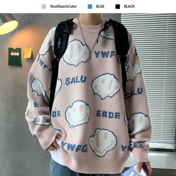 

mens loose all-match sweater trend printed letters cartoon smiley face knitted pullover loose slim bottoming autumn winter, Black