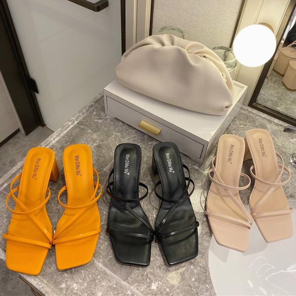 

summer elegant women 5cm square high heels slides mules designer black orange pink beach slippers female shoes