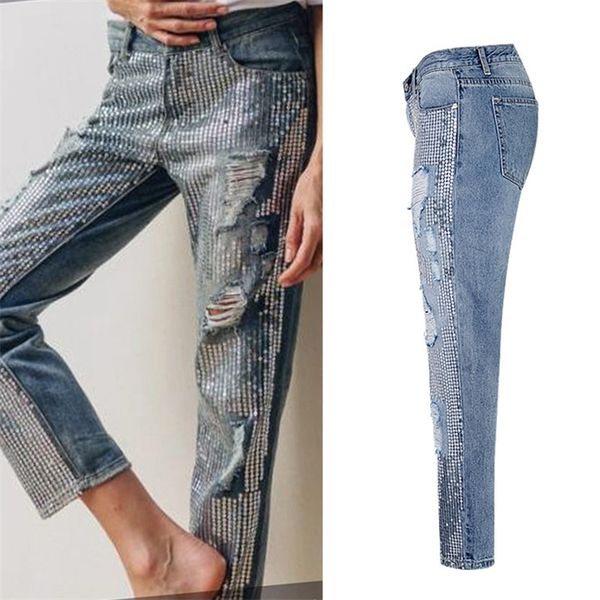

cbucyi new fashion womens clothing loose straight jeans sequined washed holes denim pants female casual cotton jeans trousers, Blue
