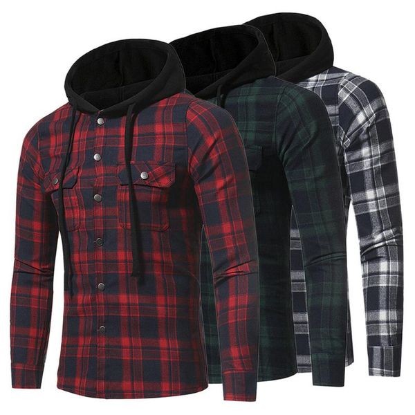 

fashion streetwear men's shirt casual check plaid long sleeve hooded button up flannel shirts, White;black