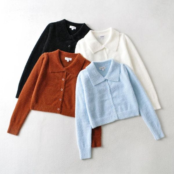 

women's knits & tees fall fashion knitted sweater korean style long sleeve cardigan women black cute fuzzy brown vintage clothes, White