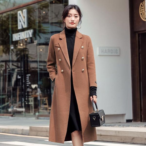 

women's wool & blends woolen coat autumn and winter over knee hepburn long double breasted british style black fashion