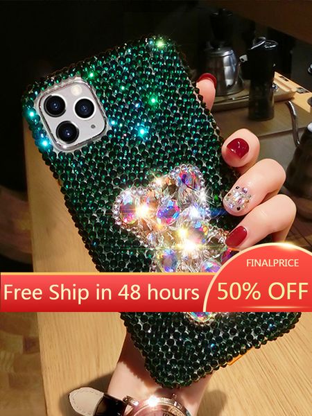 

apple's 12 diamond mobile phone cases green jewelled phone case with bear iphone 11/12 pro max/xr/xs max/x/7/8 plus shell