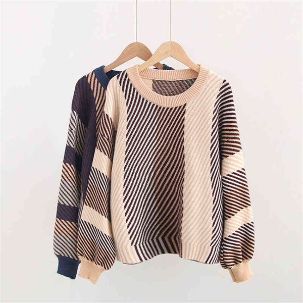 

2019 new women sweater winter warm knitted loose jumper fashion color block pullovers lantern sleeve stripe sweaters y1110, White;black