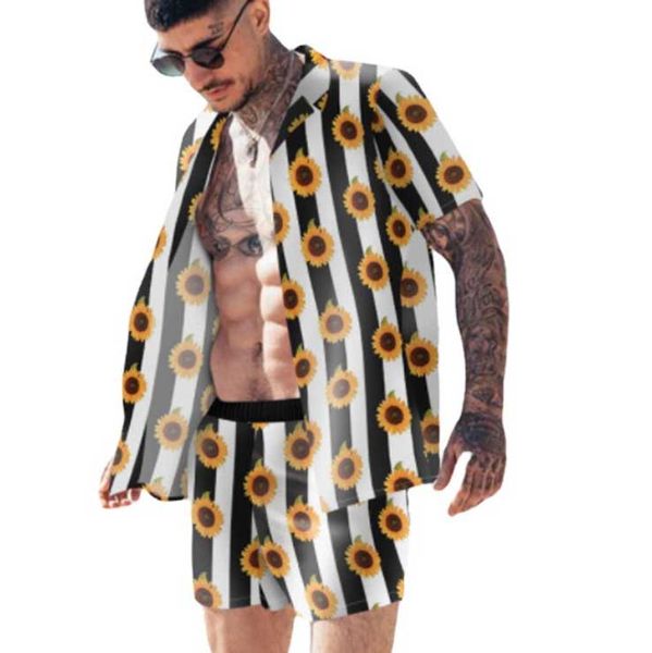 

hawaiian men printing set tracksuits short sleeve summer casual yellow floral shirts beach two piece suit black white striped shirt and shor, Gray