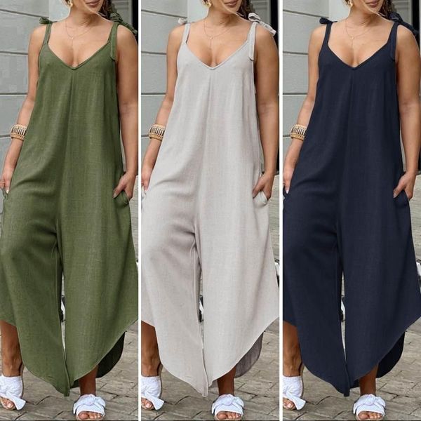 

wide leg jumpsuit sleeveless women playsuit lace-up bib cargo pants pockets holiday v-neck solid trousers oversized 5xl women's jumpsui, Black;white