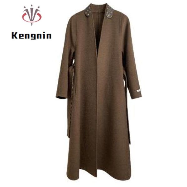 

women's wool & blends loose oversized autumn winter jackets women double cashmere female basic coats sashes belt coffee outerwear lady, Black