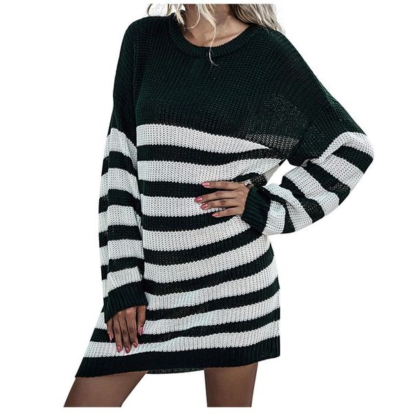

stripe knit dress for womens long sleeve o neck dresses ladies autumn winter knitting casual, Black;gray