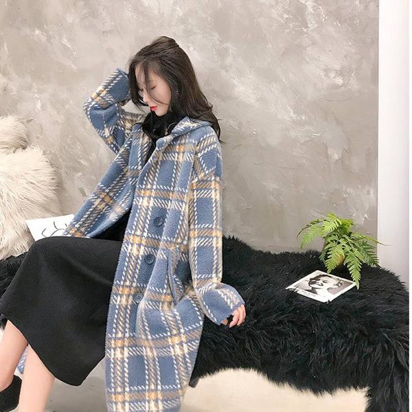 

women's wool & blends hstar 2021 autumn elegant plaid women fashion woolen coats ladies casual turn-down collar female warm outwear, Black