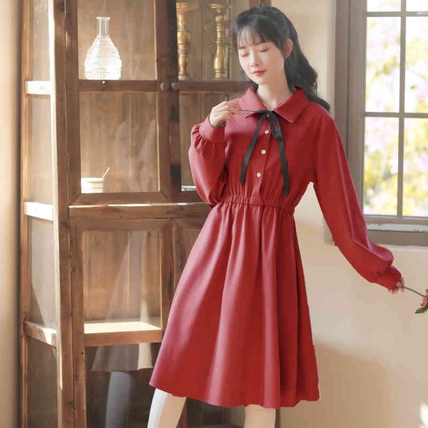

dress spring vintage female waist high cotton dress long sleeve thin retro-sweet preppy style feminine dresses, Black;gray