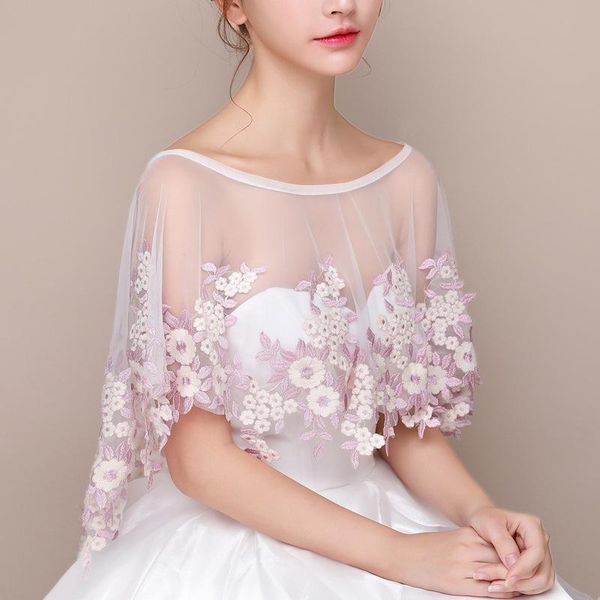 

wraps & jackets 2021-2022 the spring and summer is thin bridal wedding dress with lace shawl tulle cloak jacket vest pink flowers, White