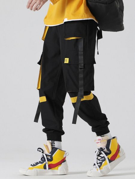 

men ribbon flap pocket cargo pants c922#, Black