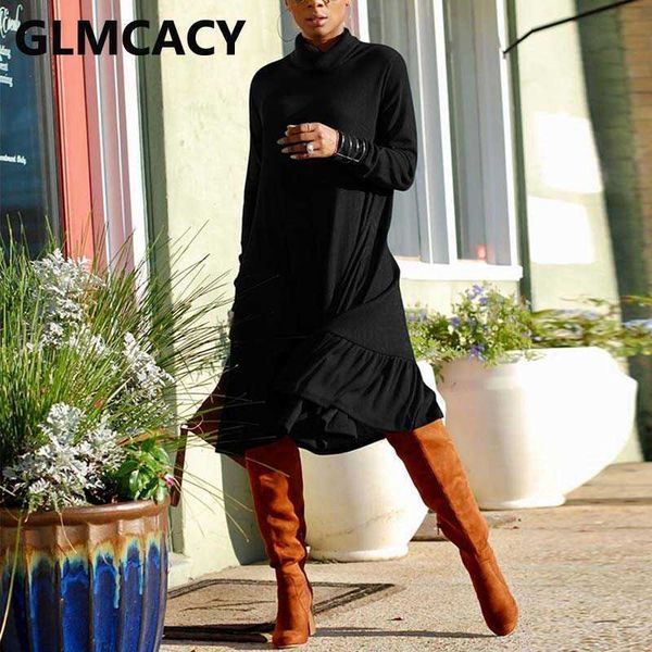 

women turtle neck casual loose dress chic ol fall winter midi dresses 210702, Black;gray