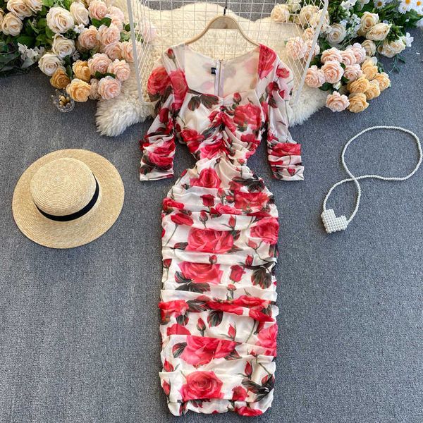 

bohemian women flower printed pleated bodycon dress female elegant high waist draped vestidos spring autumn lady robe fashion y0603, Black;gray