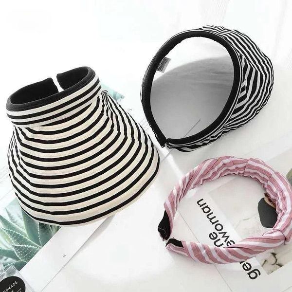 

two ways wear sunshade hat stripe sport sun visor headband hats for women roll up wide brim beach summer foldable floppy outdoor, Black;white