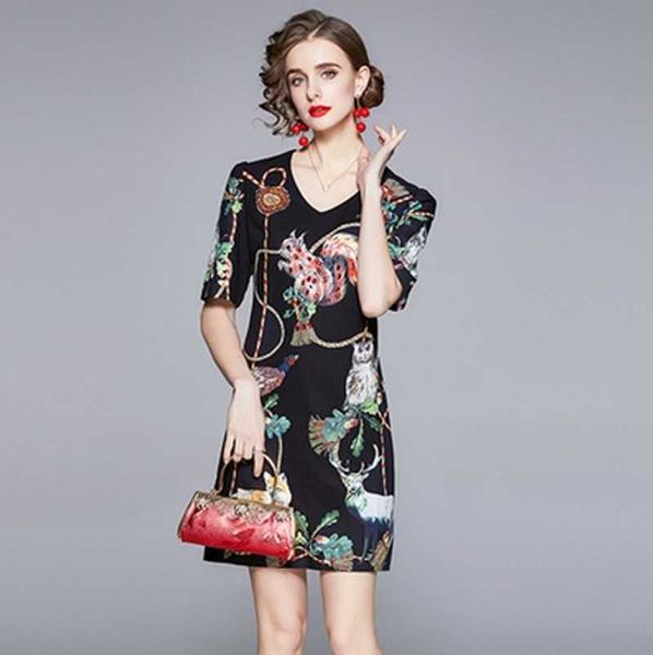 

summer fashion elegant diamonds short sleeve flower animal print black casual dress 210531, Black;gray