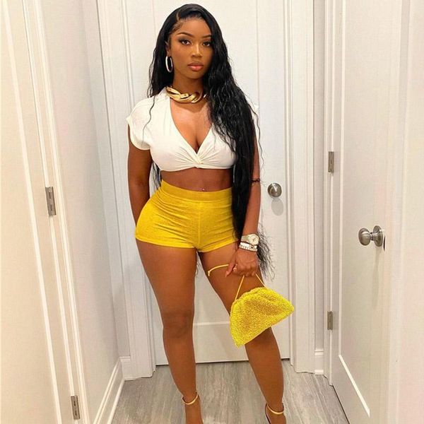 

women's tracksuits summer two piece set women short sleeve v-neck white mini and yellow pant 2 sets womens outfits, Gray