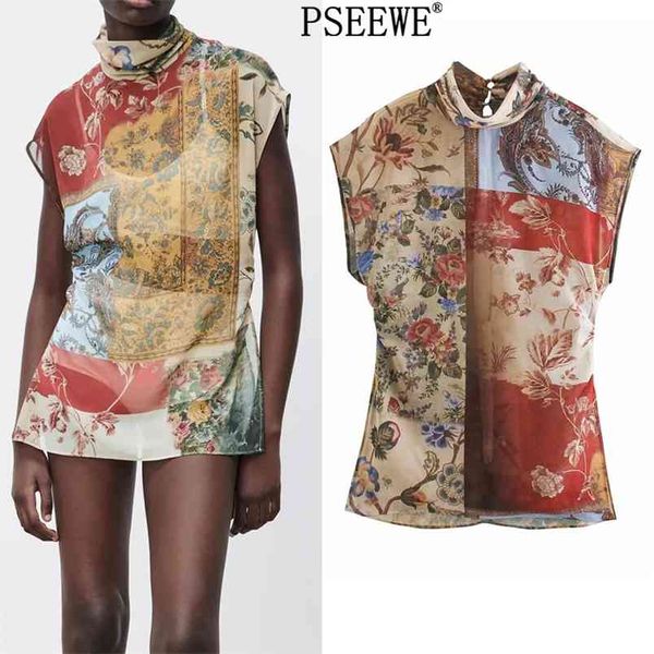 Yarı Sırf Patchwork Kadın Bluzlar Vintage Yüksek Boyun Kolsuz Yaz Üst Moda Geri Açılış İnce 210519