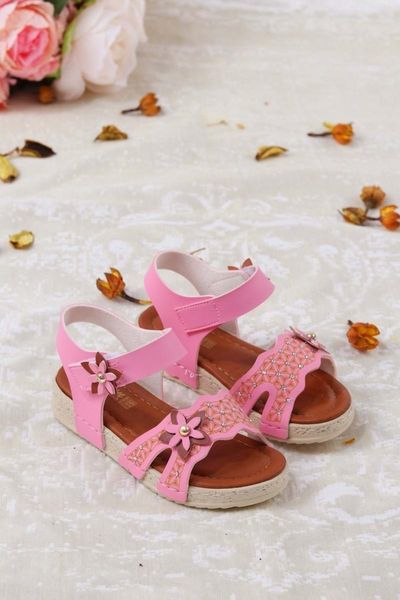 

sandals girl children fuchsia flowers embroidered, Black