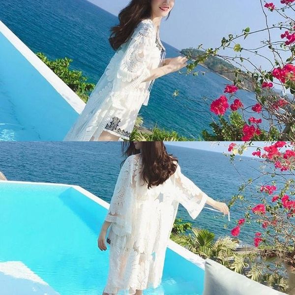 

girl's dresses beach cover up floral embroidery bikini swimwear women robe cardigan bathingsuit, Red;yellow