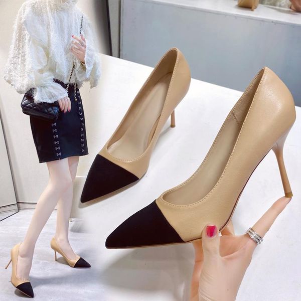 

dress shoes color matching pointed toe fashion temperament stiletto heels spring and autumn trend all-match pumps women's, Black
