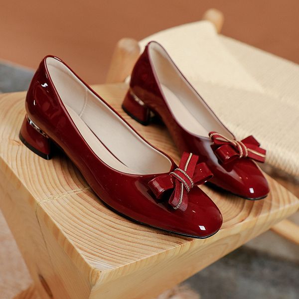 

70% off factory online gentle wine red butterfly wedding shoes new lacquer leather square head thick heel shoes women's fresh middle hi, Black
