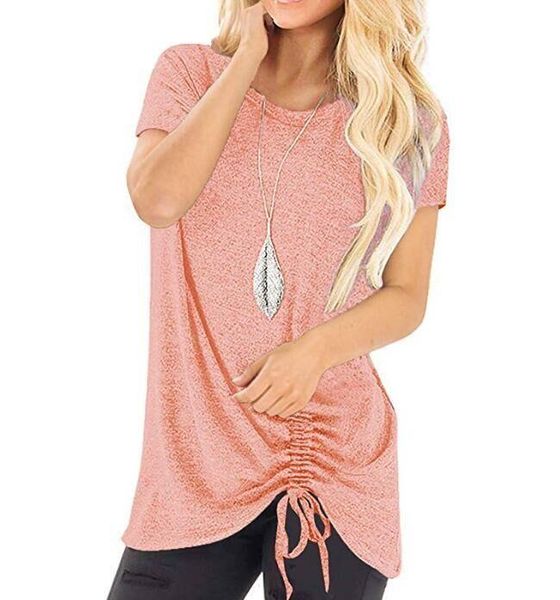 

women's t-shirt selling summer solid color leisure short sleeves round neck drawstring lace-up in 2021, White