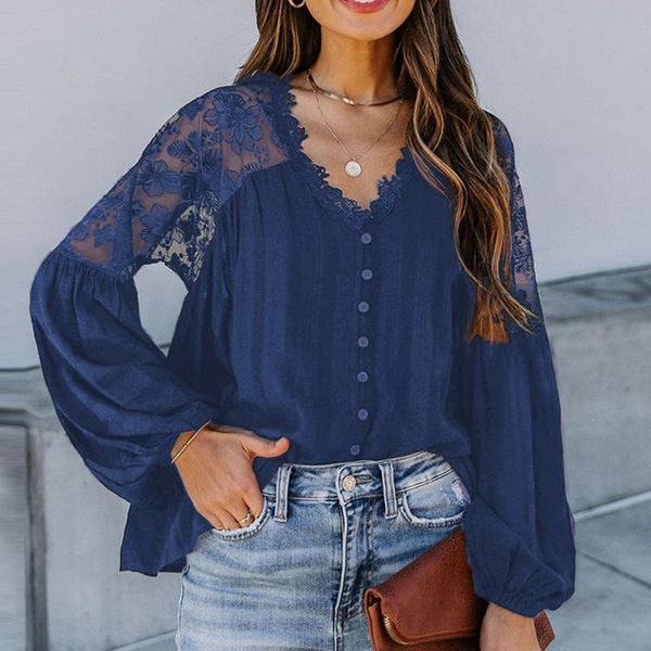 

women's blouses & shirts vintage fashion women blouse 2021 autumn lace long-sleeved solid color v-neck ladies shirt casual loose elegan, White