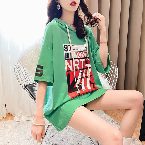

t shirts summer korea fashion women short sleeve loose long print tshirt cotton casual hooded tee shirt femme plus size m02 q441, White