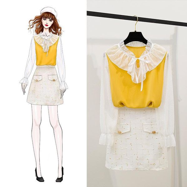 

two piece dress ichoix chiffon blouse women 2 set korean style and skirt cute girl winter outfits elegant ladies suits, White