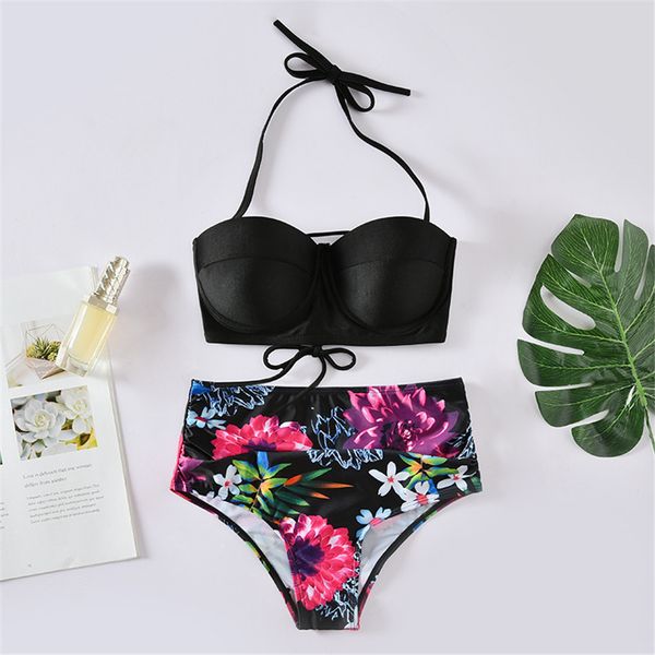 

floral print bikinis 2021 new plus size swimsuit bandage beachwear bathing suit high waist swimwear women brazilian biquini set