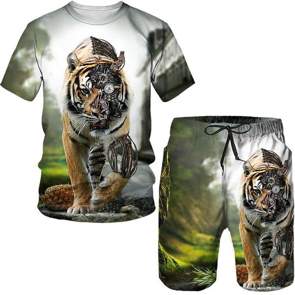 

men's tracksuits animal king 3d printing fashion t-shirt sports short sleeve casual shorts 2-piece beach pants vacation, Gray