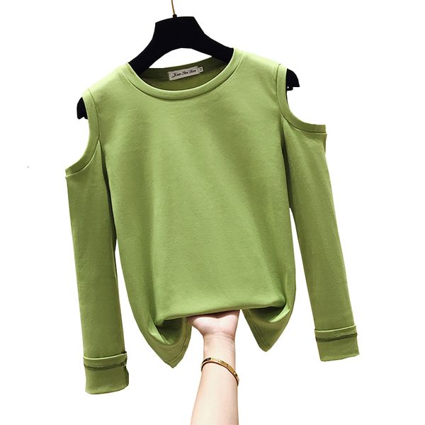 

women's sweaters women's in long sleeves t-shirt with shoulder off korean cotton t-shirt autumn white shirt black green 6c2l, White;black