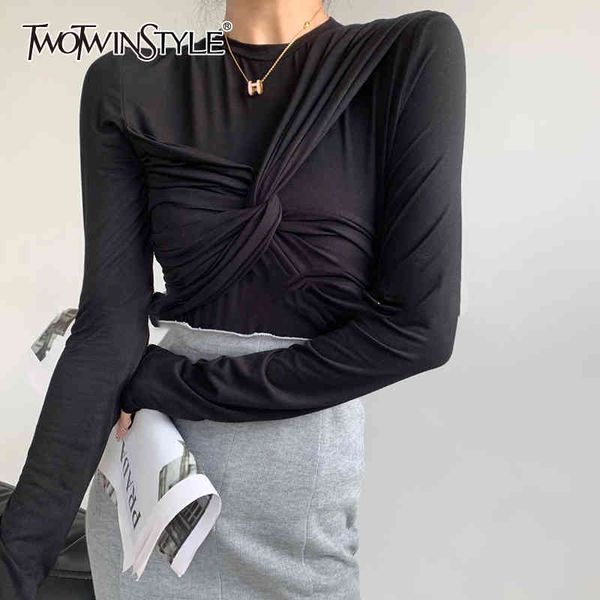 

cross kink ruched t shirt for women o neck long sleeve black slim female autumn fashion new clothing tide 210428, White