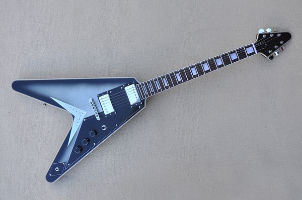 

factory flying v metal black silver electric guitar with mahogany body and neck,chrome hardware,rosewood fingerboard, can be customized